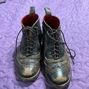 Bed Stu brown Leather Boots, distressed, red bottoms